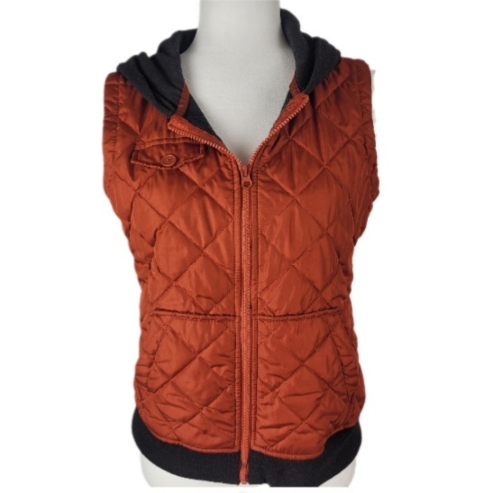 RUFF HEWN Medium Orange Quilted Full Zip Up Vest Hooded Two Pockets Size Small